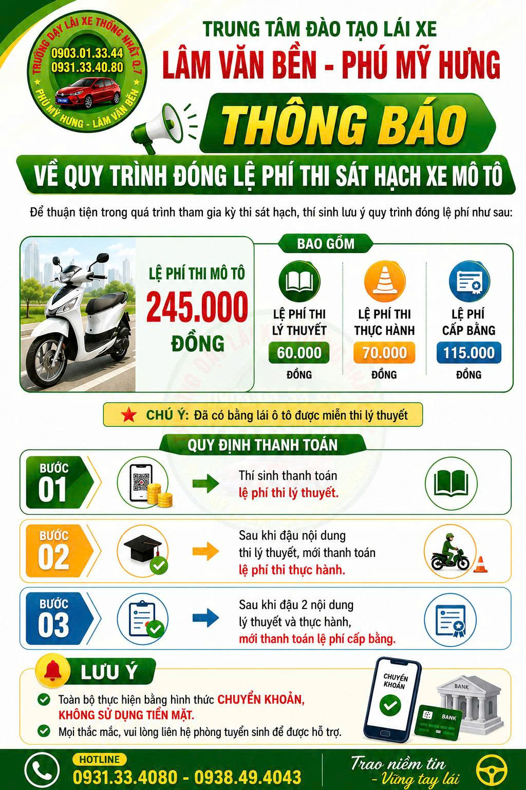 QUY TRÌNH ĐÓNG LỆ PHÍ THI SÁT HẠCH XE MÁY