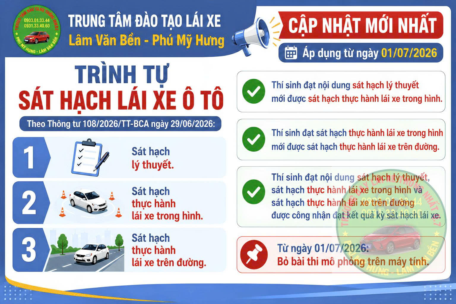 Quy trình sát hạch lái xe ô tô áp dụng từ 01/07/2026 đã được cập nhật.