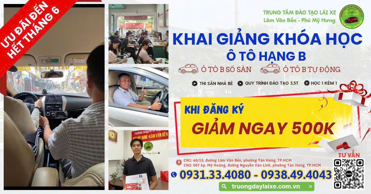 🔥🔥🔥 ƯU ĐÃI KHỦNG: Khi đăng ký khóa học ô tô hạng B (số sàn & số tự động), ưu đãi GIẢM NGAY 500.000đ trên học phí!