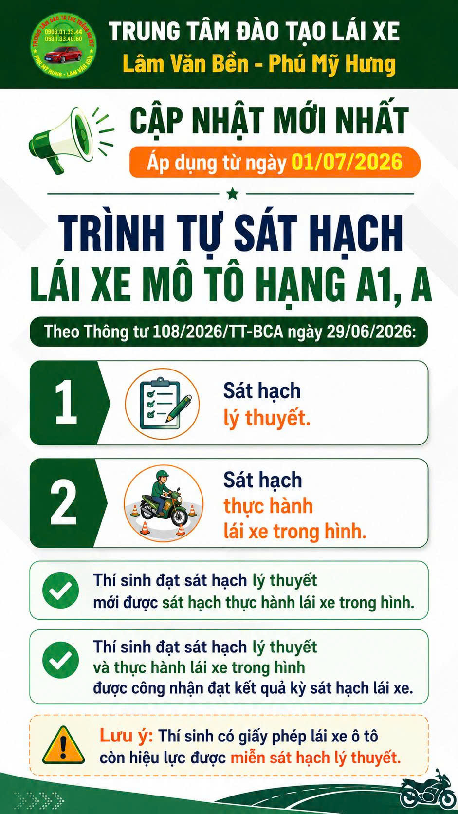 📢 Trình tự sát hạch lái xe mô tô hạng A1, A áp dụng từ 01/07/2026.